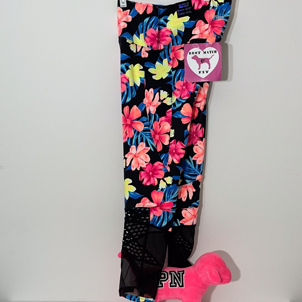 Victoria’s Secret PINK L Logo Ultimate Leggings Floral Cut Out Tropical Mesh